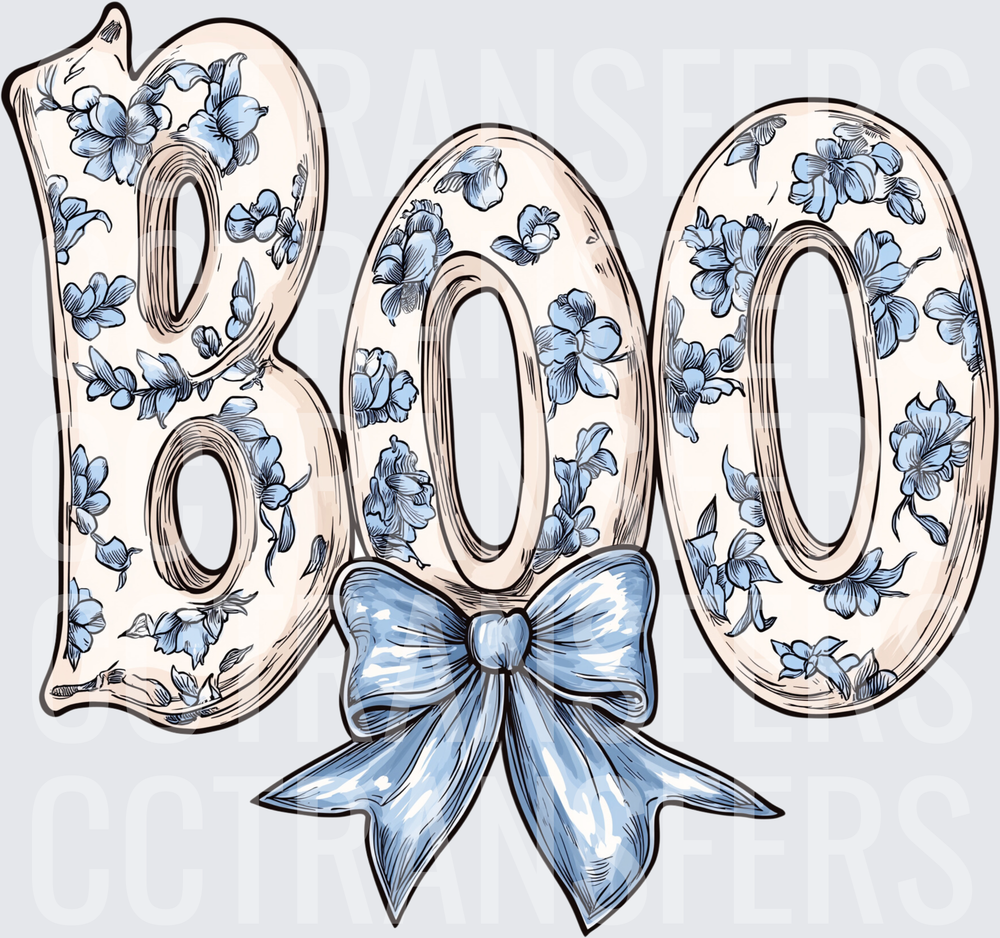 Floral Blue BOO Letters with Ribbon Bow Halloween (DTF)