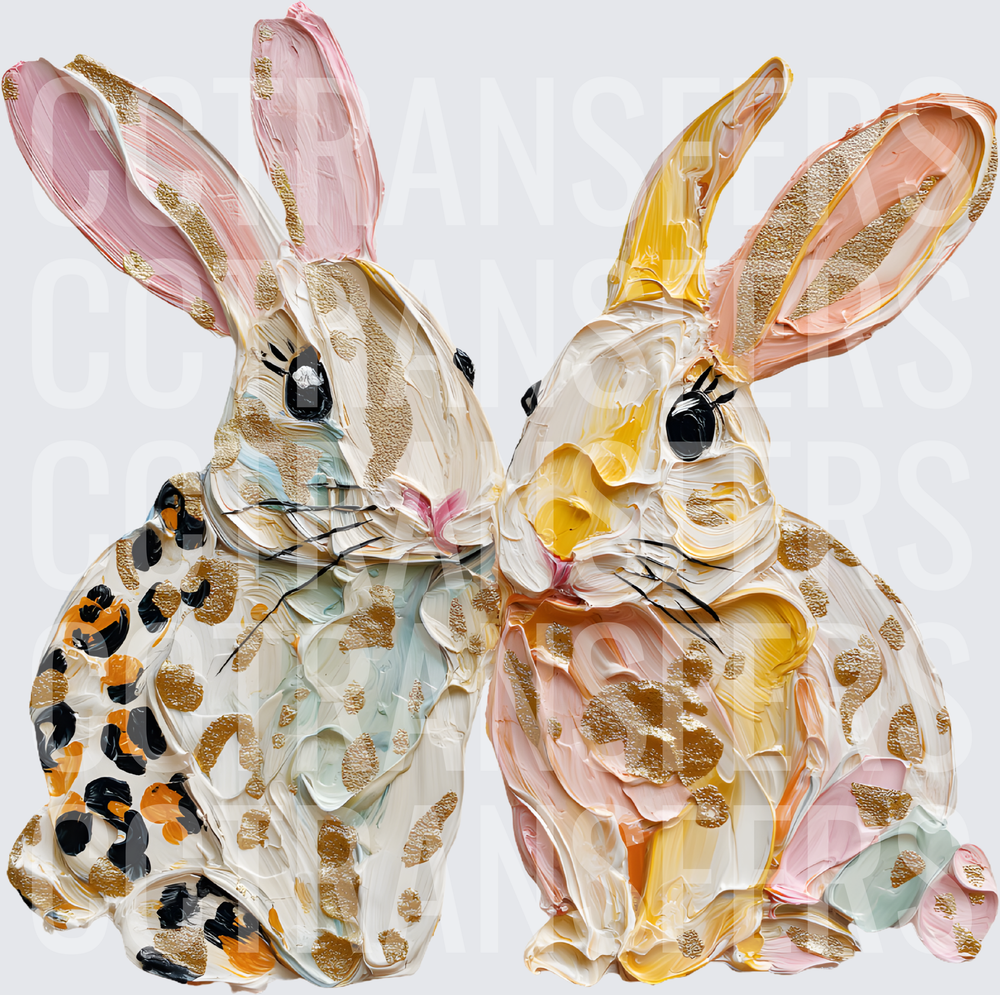 Pastel Leopard Print Bunny Pair Textured Oil Art (DTF)