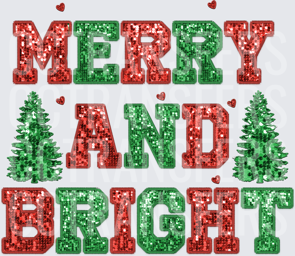 Merry And Bright Sequin Varsity Letter Christmas Trees (DTF)