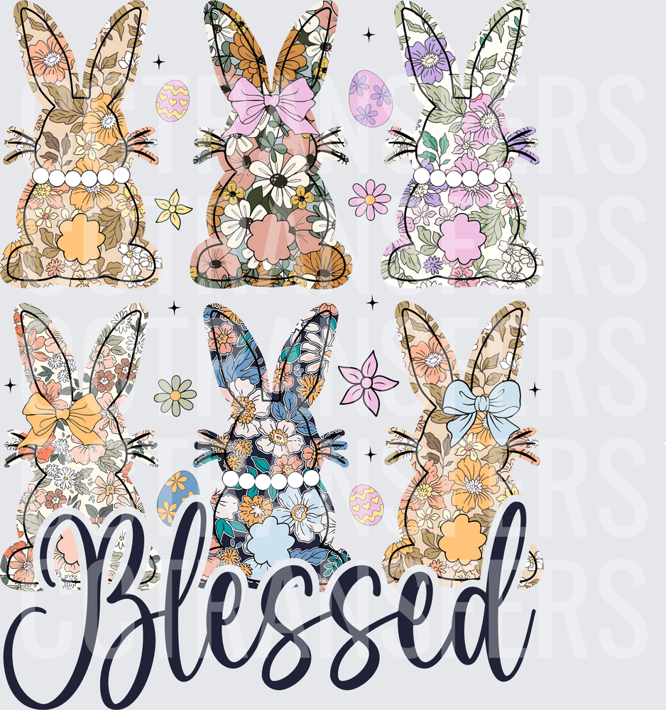 Blessed Floral Easter Bunnies with Bows and Eggs (DTF)
