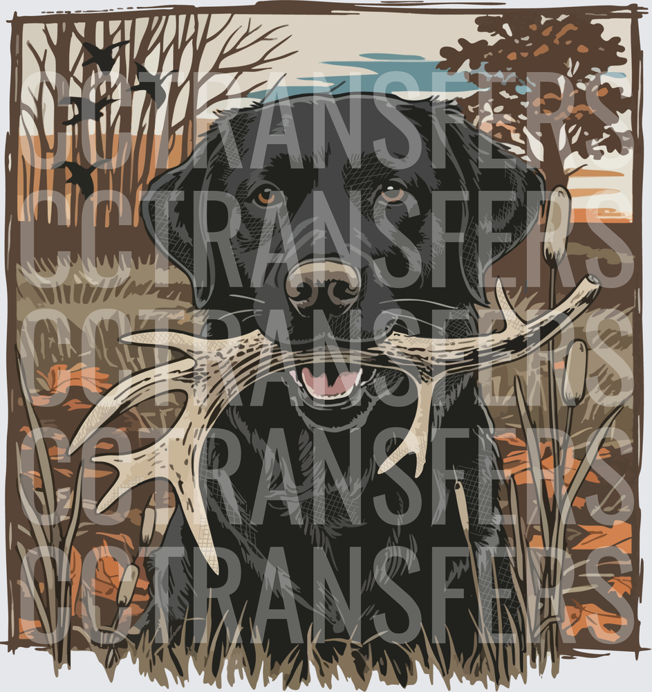 Black Lab Holding Deer Antler Fall Hunting Scene (DTF)