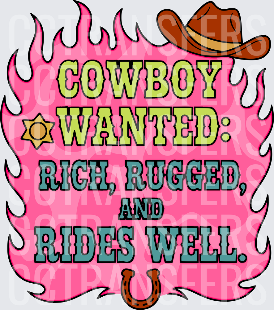 Cowboy Wanted Rich Rugged Rides Well Pink Flames (DTF)