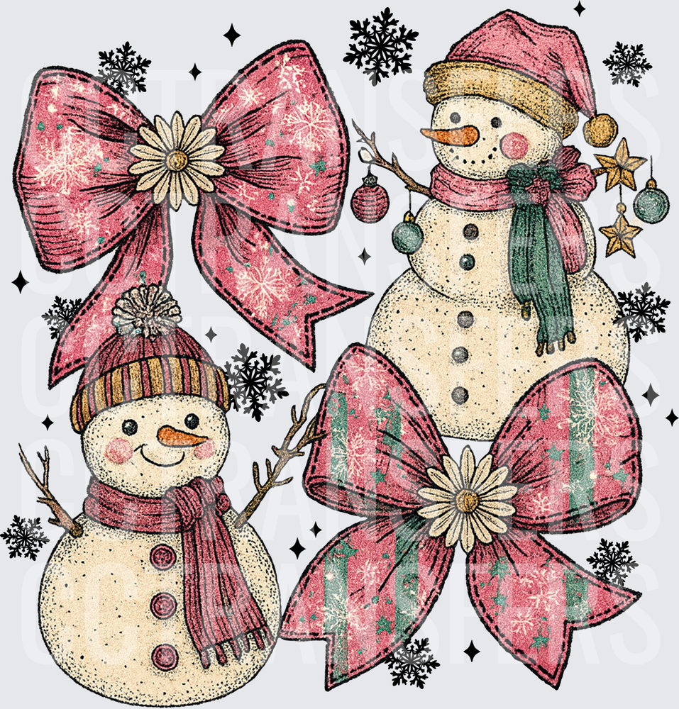 Vintage Pink Bow Snowman Duo Christmas Snowflakes (DTF)