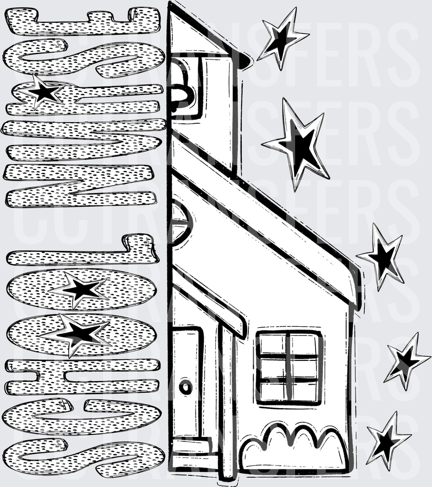 Sketchy House with Stars Black and White Illustration (DTF)
