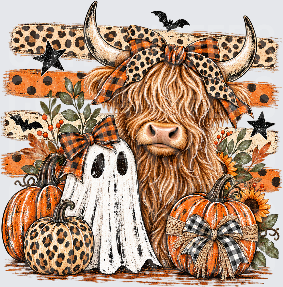Halloween Highland Cow Ghost Pumpkins Leopard Bow (DTF)