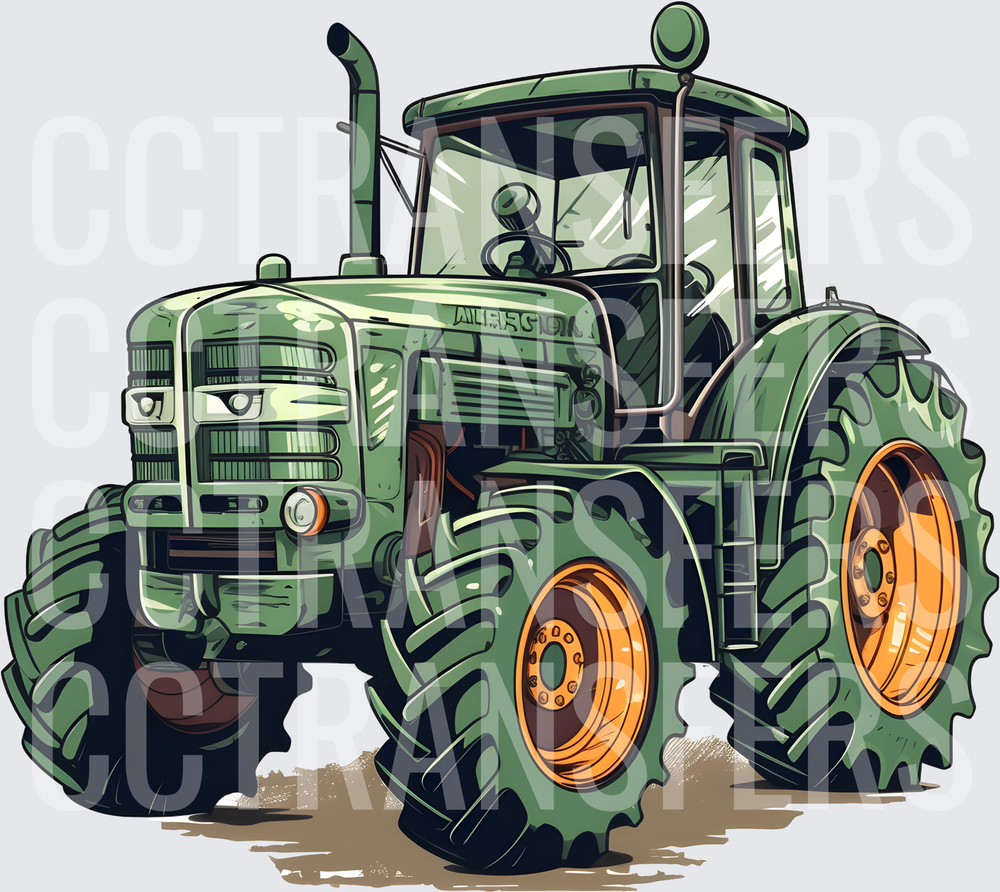 Green Farm Tractor with Orange Rims Bold Illustration (DTF)