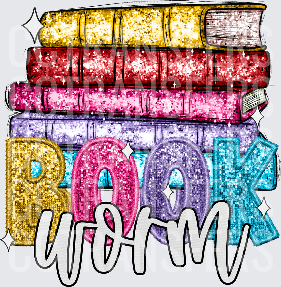 Glitter Stacked Books Bookworm Patch Letter Design (DTF)
