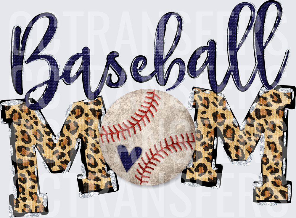 Baseball Mom Leopard Print Navy Blue Heart Ball (DTF)