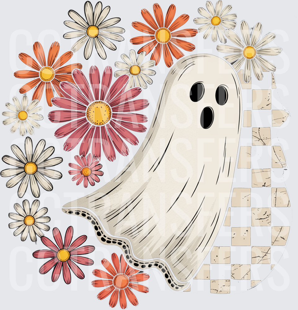 Groovy Ghost Boho Floral Checkered Halloween (DTF)