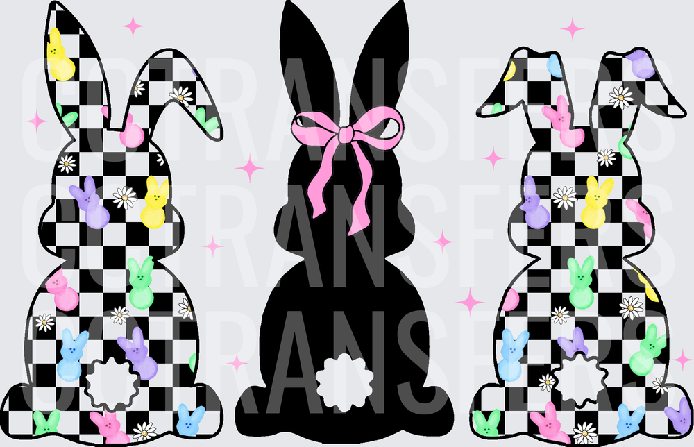Black and White Checkered Easter Bunnies Trio Coquette Bow (DTF)