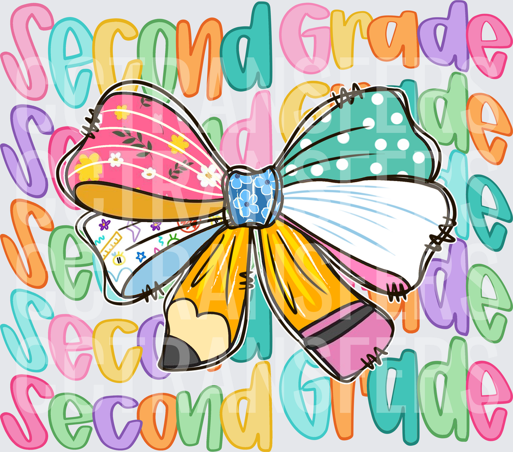 Second Grade Colorful Bow Pencil Repeat Text (DTF)
