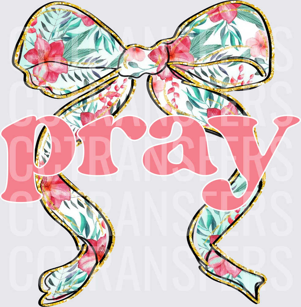 Pray Floral Bow Gold Glitter Ribbon (DTF)