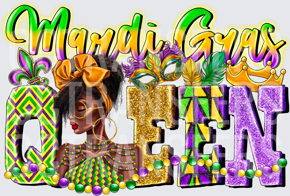 Mardi Gras Queen Glitter Afro Woman Mask Beads (DTF)