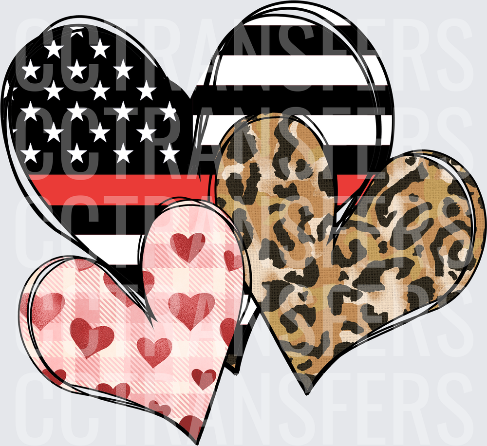 Four Hearts Thin Red Line Flag Leopard Plaid Pattern (DTF)