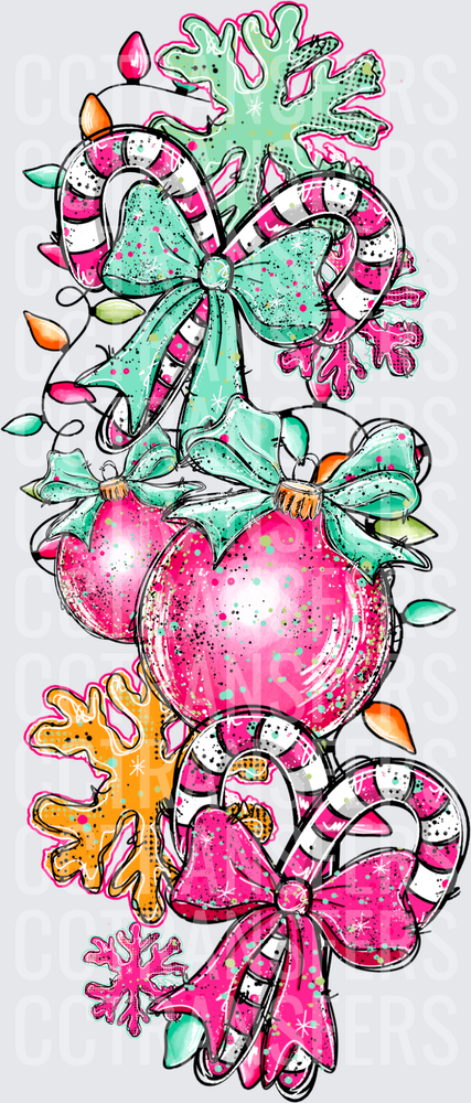 Pink Mint Glitter Christmas Ornaments Candy Canes Bows (DTF)