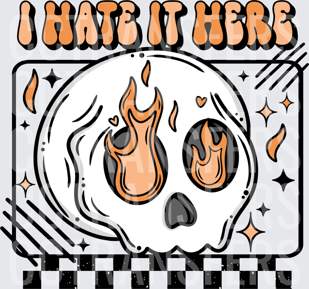 I Hate It Here Flaming Skull Checkered Retro (DTF)