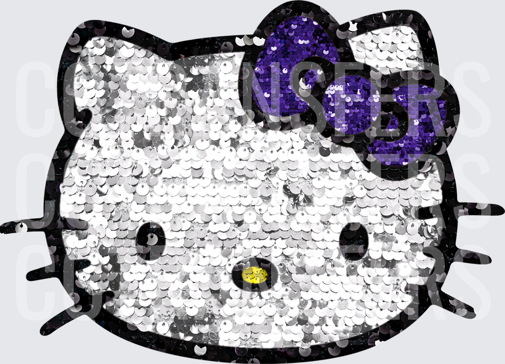 Silver Sequin Cat Face Purple Glitter Bow (DTF)