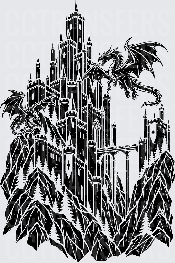 Twin Dragons Gothic Castle Rocky Cliffs Pine Trees (DTF)