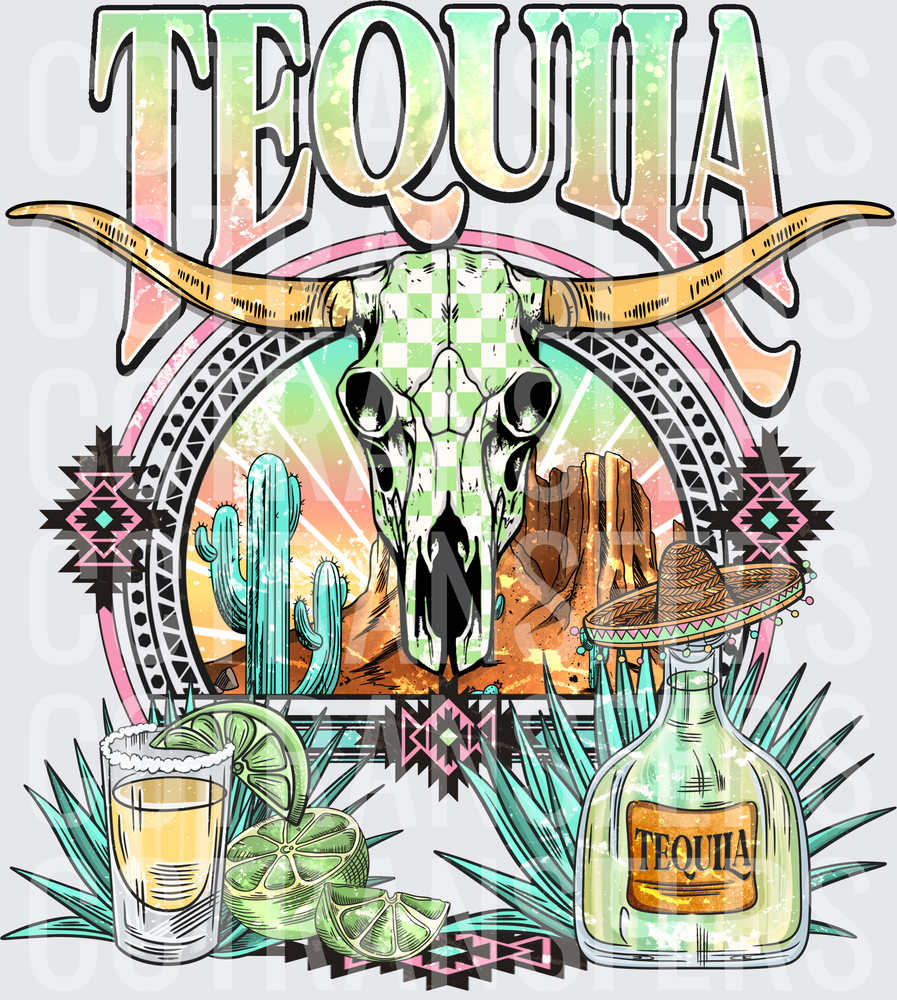 Tequila Bull Skull Desert Sombrero Shot Glass Lime DTF