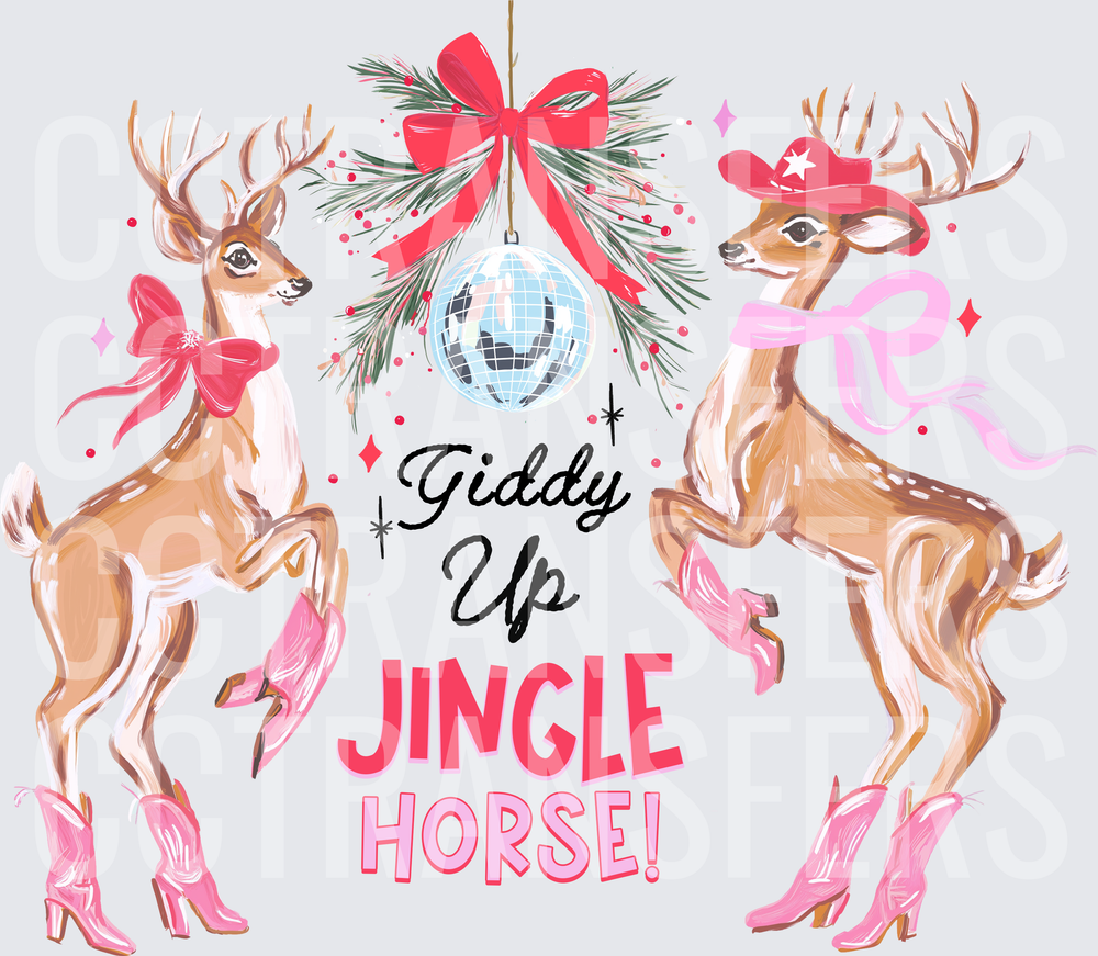 Giddy Up Jingle Horse Cowboy Reindeer Pink Boots (DTF)