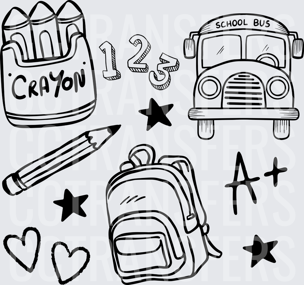 Back to School Crayon Bus Backpack A+ Doodle Set (DTF)