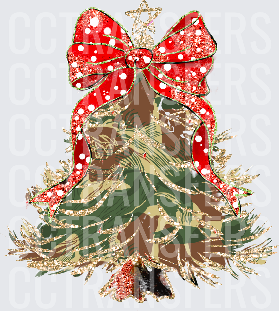 Camo Christmas Tree Gold Glitter Red Polka Dot Bow (DTF)