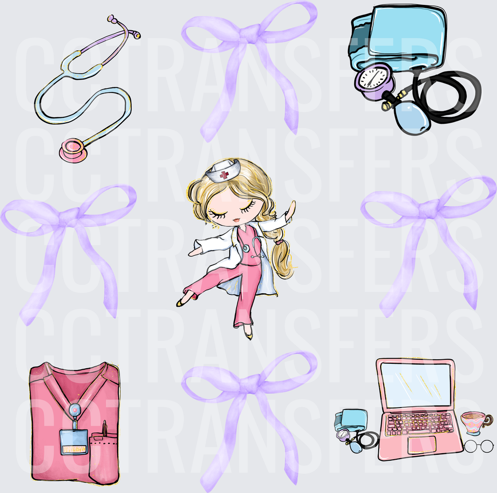 Cute Nurse Girl Pink Scrubs Medical Icons Lavender Bows (DTF)