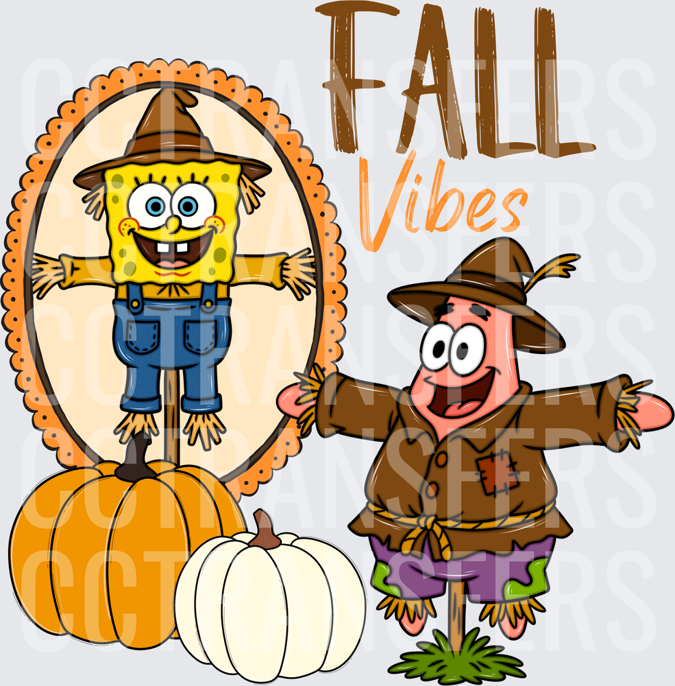 Fall Vibes Cartoon Scarecrow Duo with Pumpkins (DTF)
