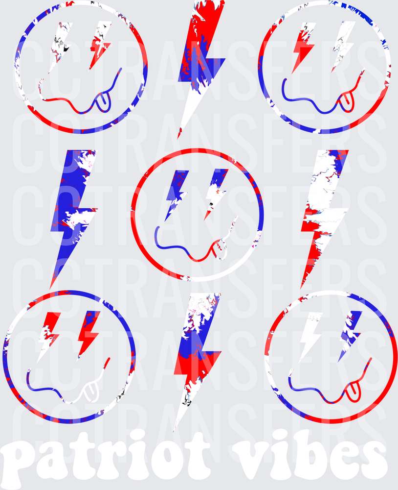 Red White Blue Distressed Smiley Face Lightning Bolt Set (DTF)