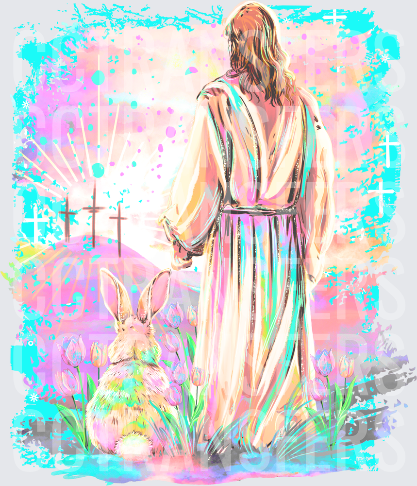 Easter Bunny and Jesus Three Crosses Spring Watercolor (DTF)