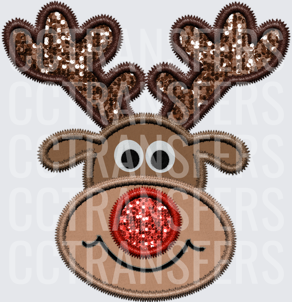 Sequin Reindeer Face Red Glitter Nose Christmas (DTF)