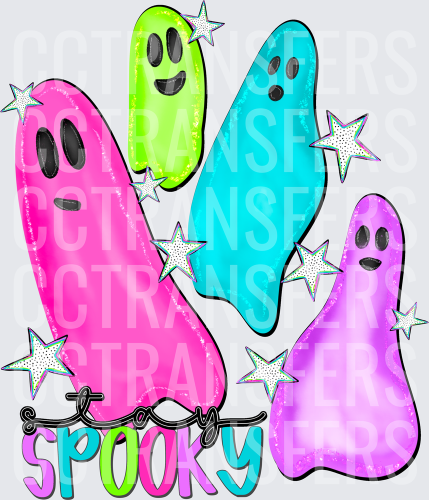 Stay Spooky Neon Colorful Halloween Ghosts with Stars (DTF)