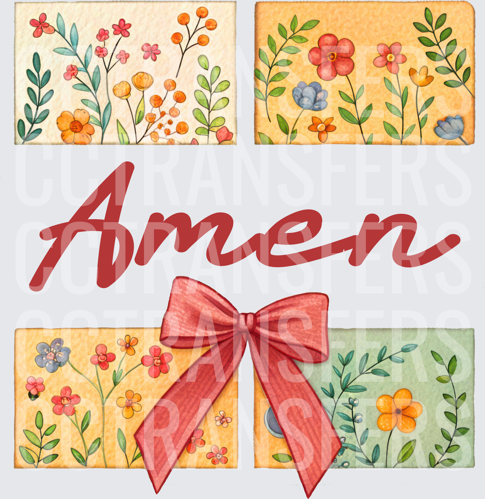 Amen Floral Watercolor Panels with Red Bow (DTF)