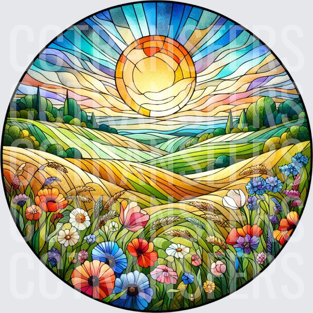 Stained Glass Round Wildflower Meadow Sunrise Landscape (DTF)