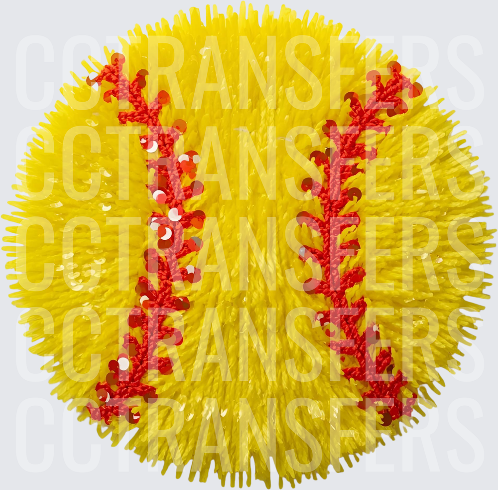 Fuzzy Yellow Softball with Red Sequin Stitching (DTF)