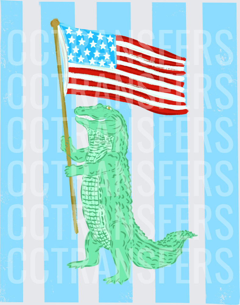 Patriotic Alligator Holding American Flag (DTF)