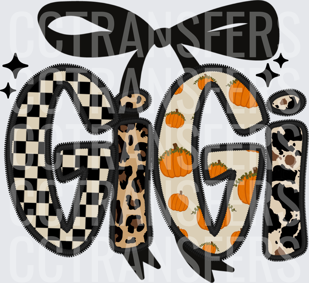 GiGi Fall Patchwork Bow Leopard Checkered Pumpkin (DTF)