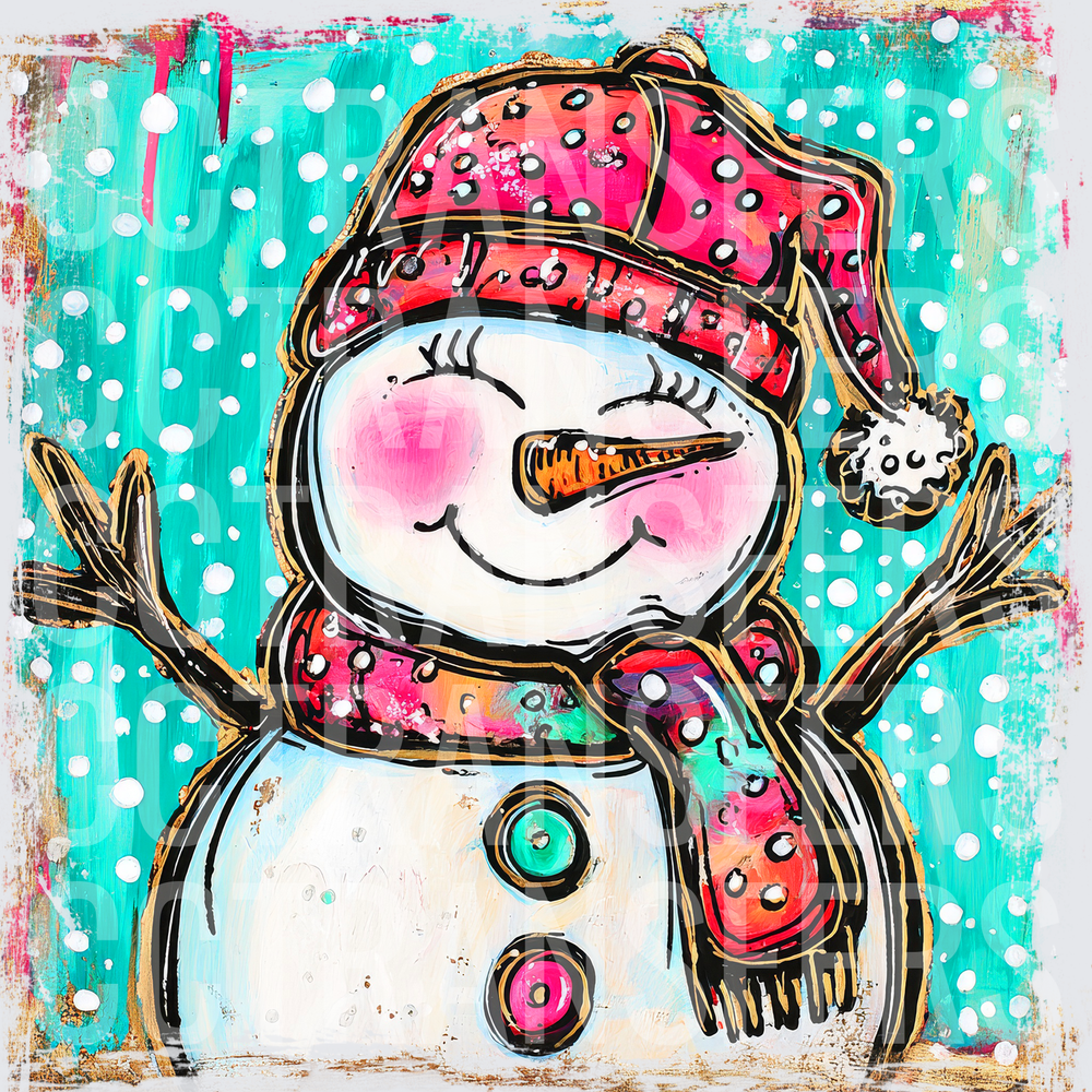 Whimsical Happy Snowman Pink Hat Teal Snow Scene (DTF)