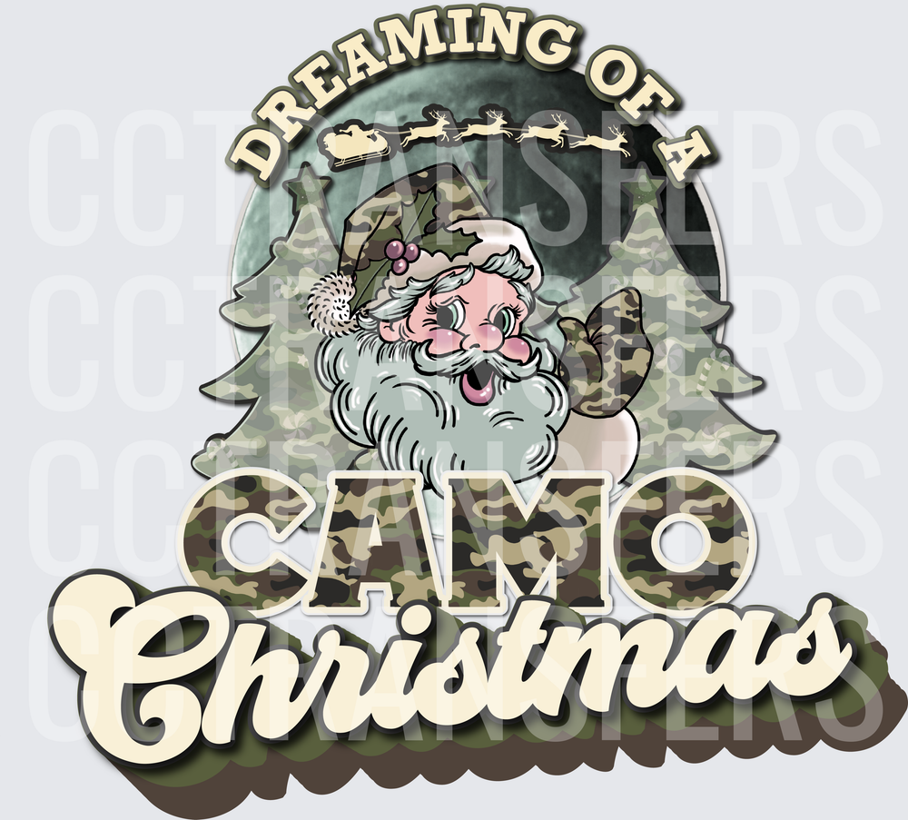 Dreaming Of A Camo Christmas Santa Waving Moon Scene (DTF)