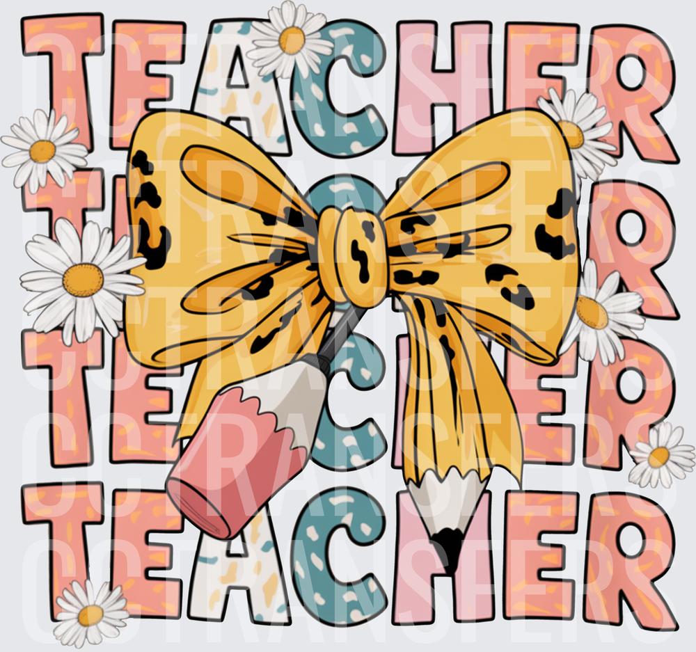 Stacked Teacher Leopard Bow Pencil Daisy Floral Design (DTF)