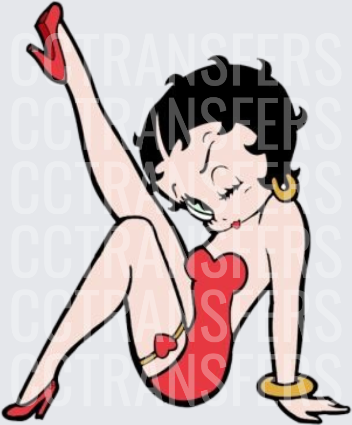 Vintage Cartoon Pin-Up Girl Red Dress Leg Kick Pose (DTF)