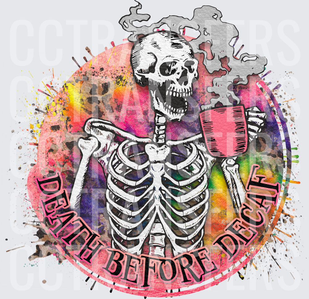 Death Before Decaf Skeleton Holding Coffee Mug (DTF)