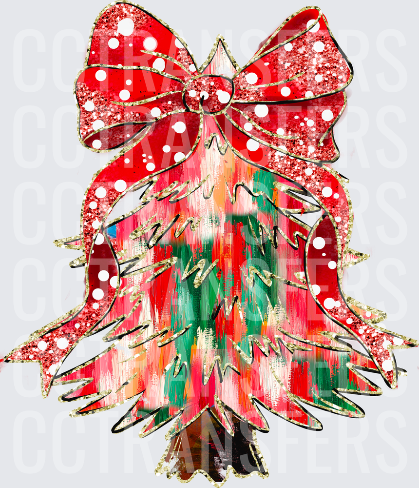 Glitter Christmas Tree Red Polka Dot Bow Holiday (DTF)