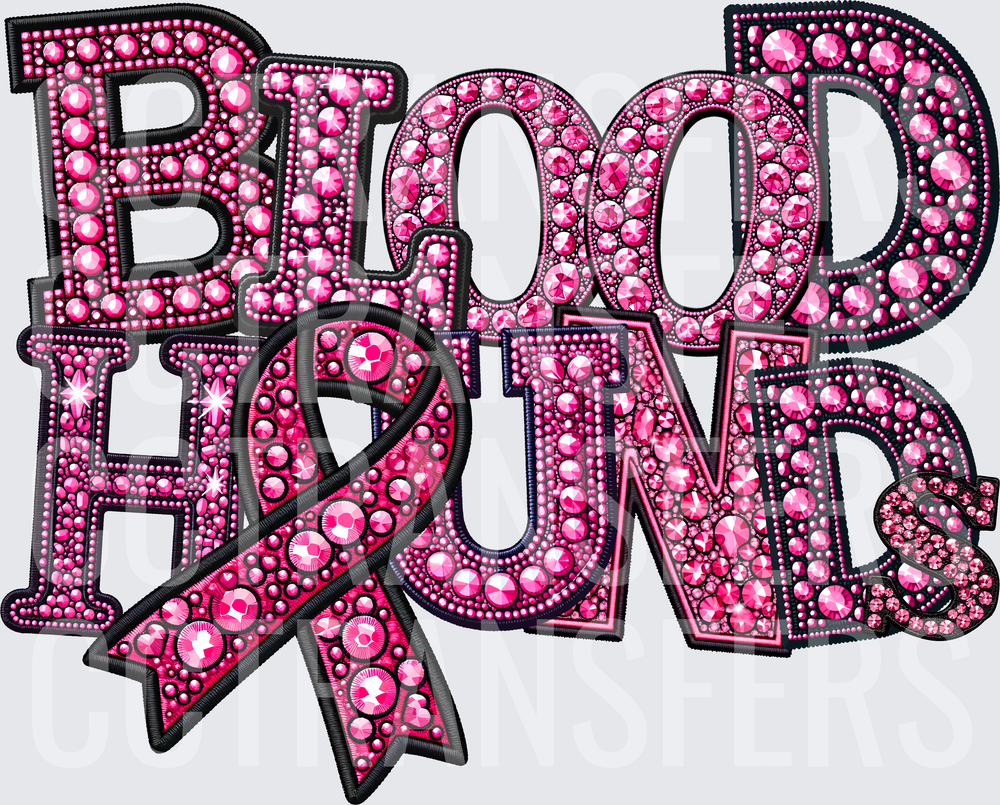 Pink Rhinestone Bloodhounds Breast Cancer Awareness Ribbon (DTF)