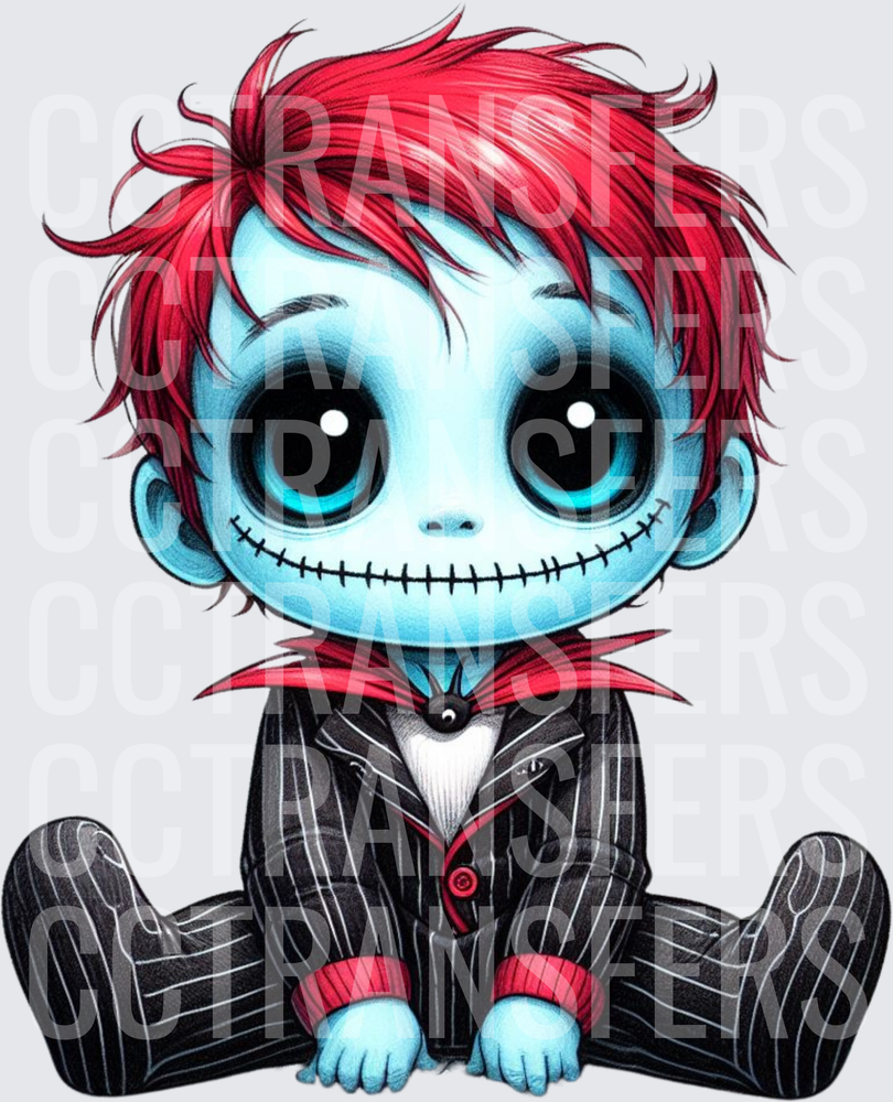 Cute Chibi Blue Zombie Boy Red Hair Stitched Smile Suit (DTF)