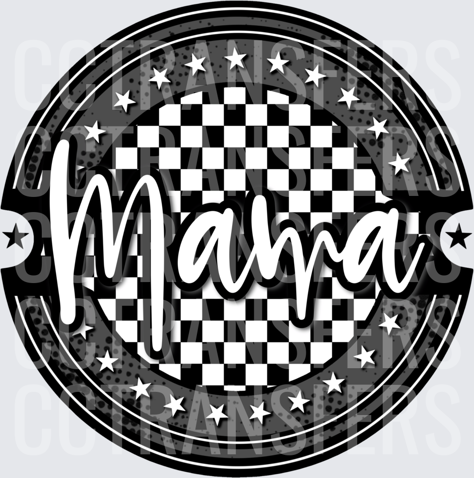 Mama Black White Checkered Star Circle Badge (DTF)