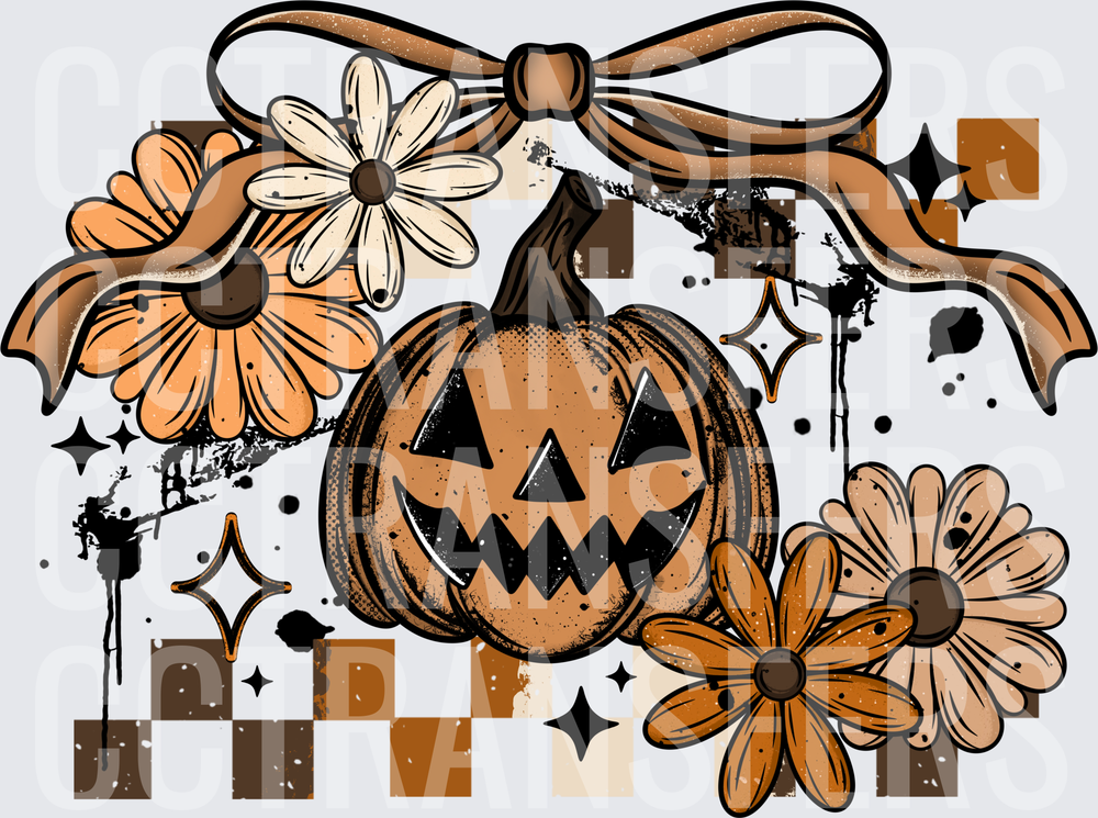 Vintage Halloween Jack-O-Lantern Bow Floral Grunge (DTF)