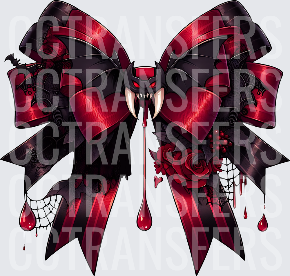 Gothic Vampire Bat Bow with Blood Drips and Dark Roses (DTF)