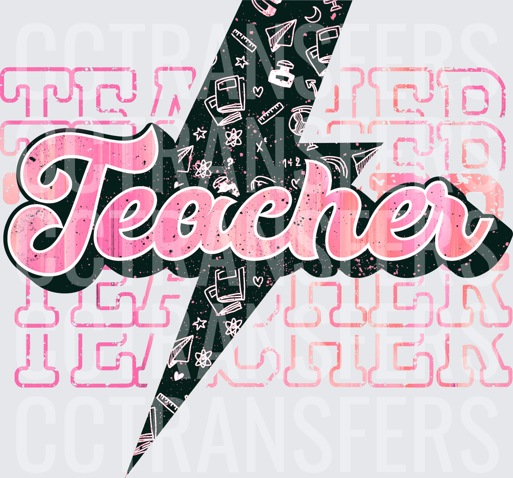 Teacher Lightning Bolt School Supplies Pink Retro (DTF)
