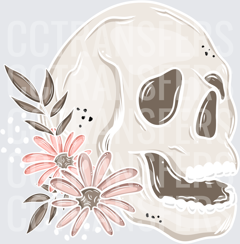 Boho Floral Skull with Pink Daisies and Leaves (DTF)